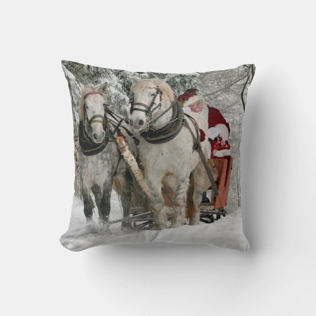 Santa Claus rides in a Horse sleigh Throw Pillow (Front)