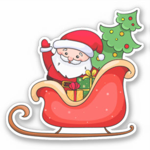 Santa claus rides in sleigh with christmas tree sticker