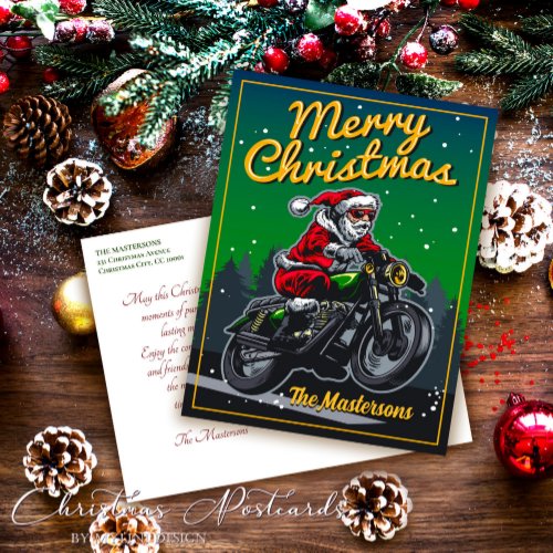 Santa Claus Rides On A Motorcycle Merry Christmas Holiday Postcard