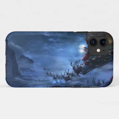 Santa Claus rides reindeer sleigh iPhone 11 Case