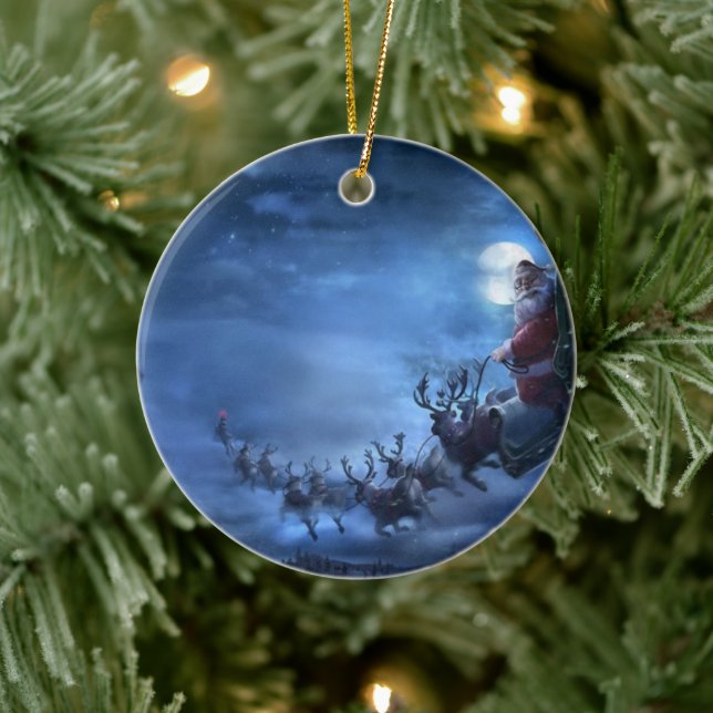 Santa Claus rides reindeer sleigh Ceramic Ornament (Tree)