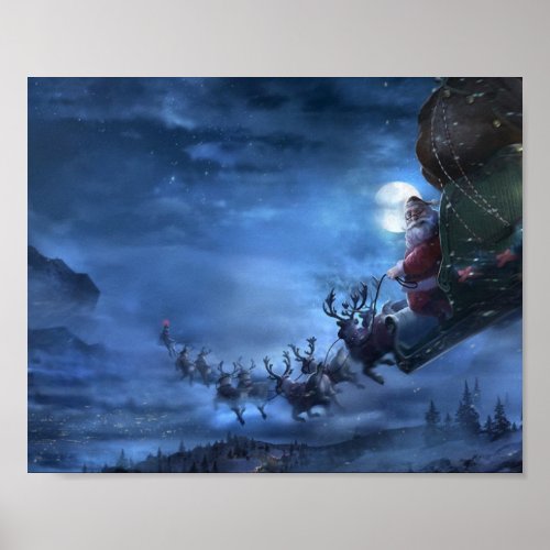 Santa Claus rides reindeer sleigh Poster