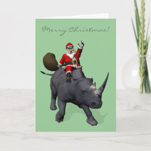 Santa Claus Rides Rhino Rhinoceros Holiday Card