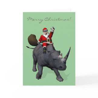 Santa Claus Rides Rhino Rhinoceros Holiday Card