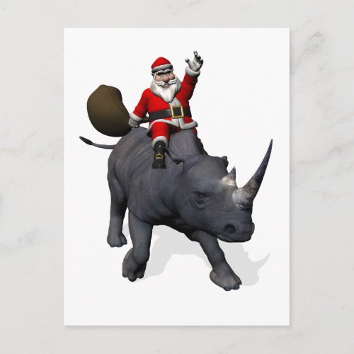 Santa Claus Rides Rhino Rhinoceros Holiday Postcard