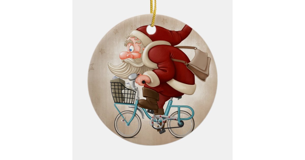 Santa Claus rides the bicycle Ceramic Ornament Zazzle