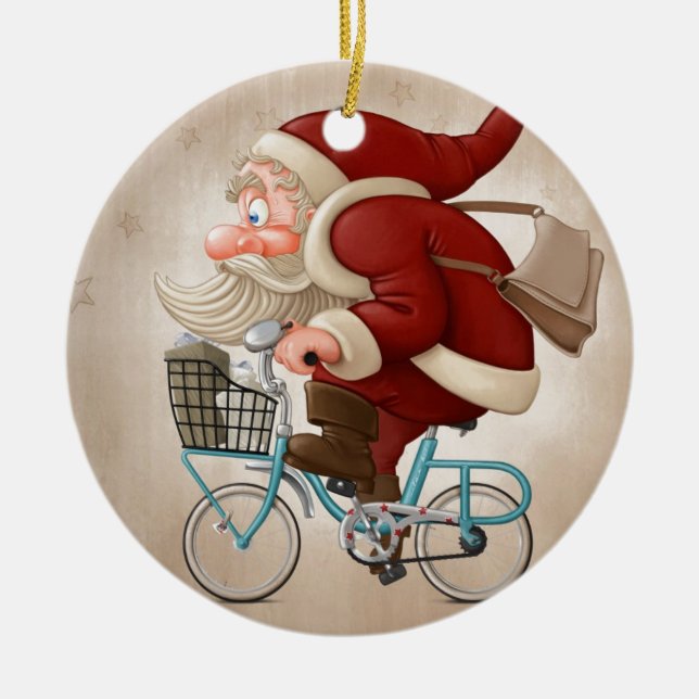 Santa Claus rides the bicycle Ceramic Ornament (Front)