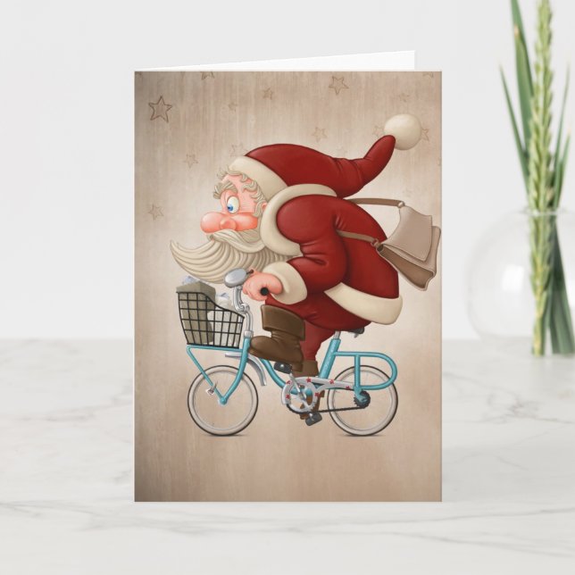 Santa Claus rides the bicycle Holiday Card (Front)