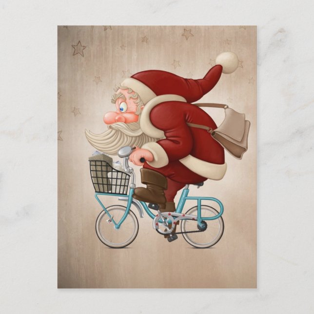 Santa Claus rides the bicycle Holiday Postcard (Front)