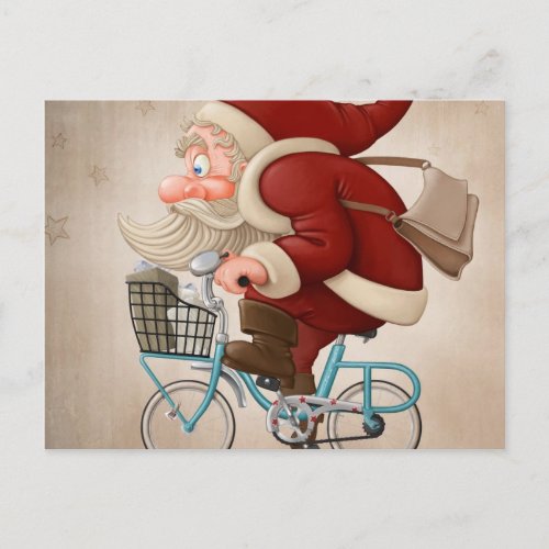 Santa Claus rides the bicycle Holiday Postcard