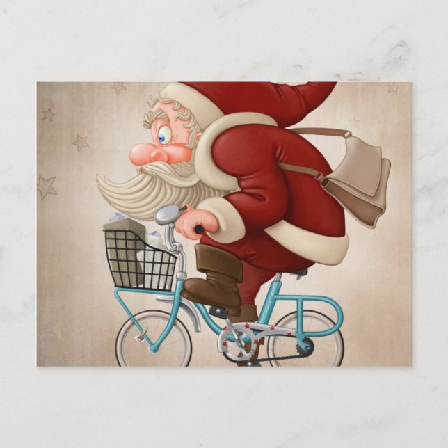 Santa Claus rides the bicycle Holiday Postcard (Front)