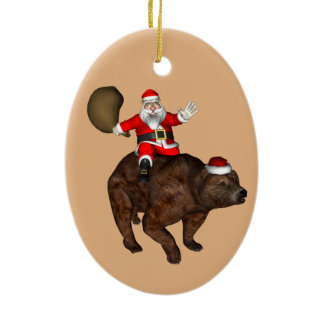 Santa Claus Riding A Bear Ceramic Ornament