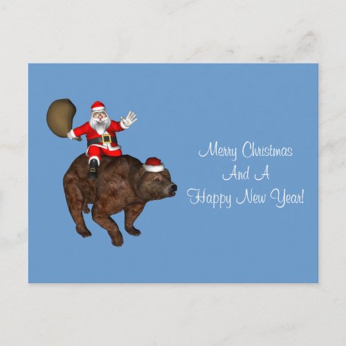 Santa Claus Riding A Bear Holiday Postcard