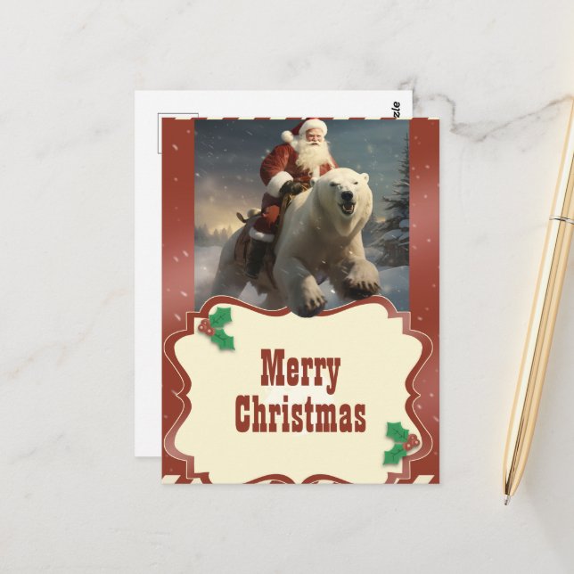 Santa Claus Riding a Bear Painting Postcard (Front/Back In Situ)