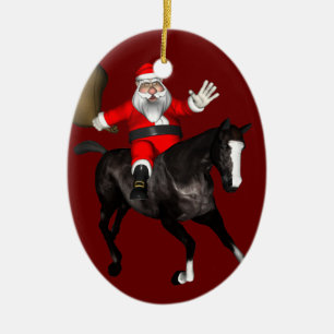 Santa Claus Riding A Black Horse Ceramic Ornament