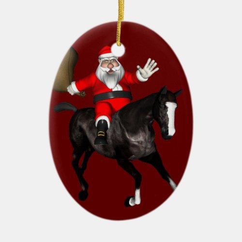 Santa Claus Riding A Black Horse Ceramic Ornament