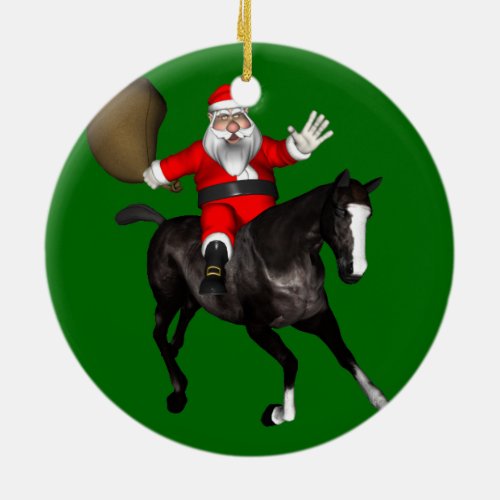 Santa Claus Riding A Black Horse Ceramic Ornament
