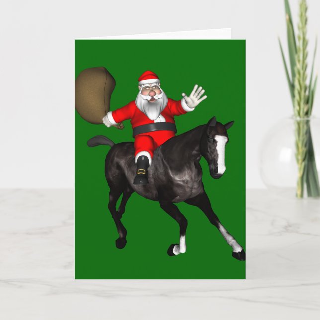Santa Claus Riding A Black Horse Holiday Card (Front)