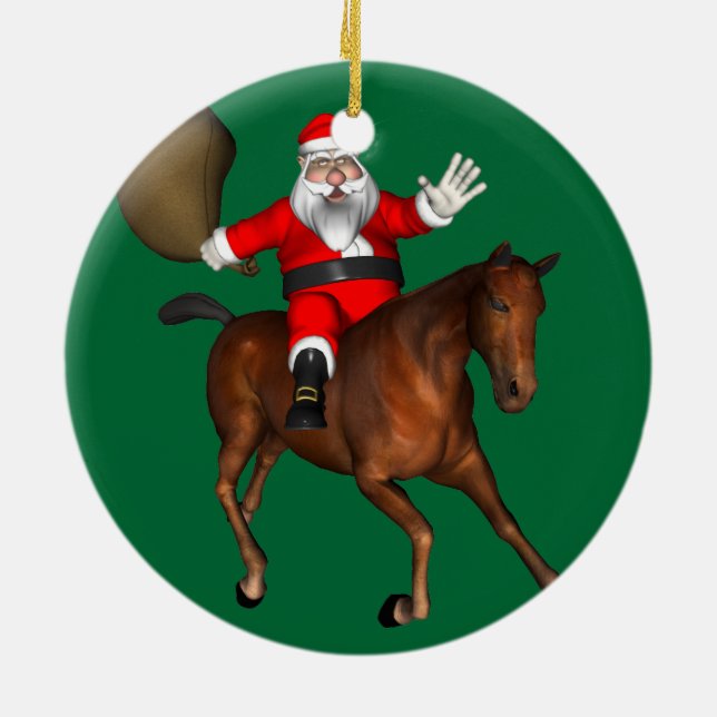 Santa Claus Riding A Brown Horse Ceramic Ornament (Back)