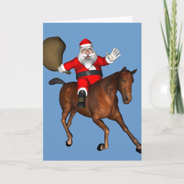 Santa Claus Riding A Brown Horse Holiday Card (Front)