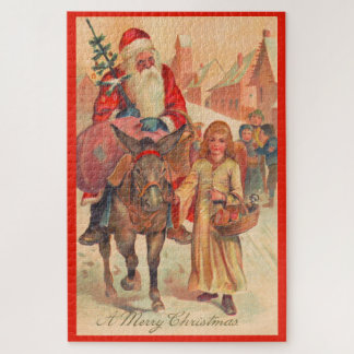Santa Claus riding a donkey Merry Christmas Jigsaw Puzzle