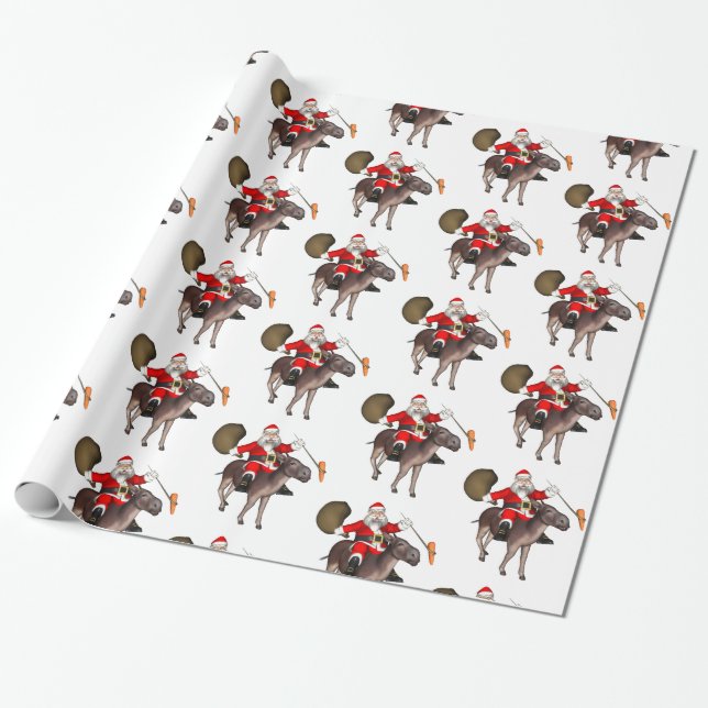 Santa Claus Riding A Donkey Wrapping Paper (Unrolled)
