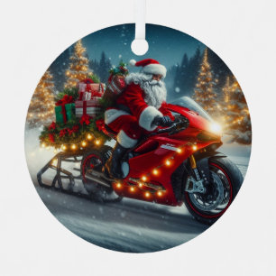 Santa Claus Riding a Ducati Motorcycle Sled Metal Ornament