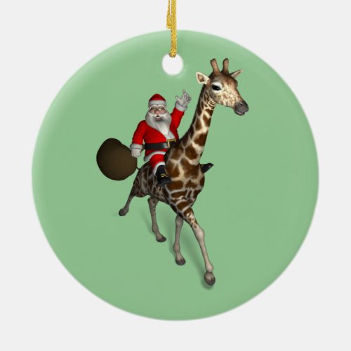 Santa Claus Riding A Giraffe Ceramic Ornament