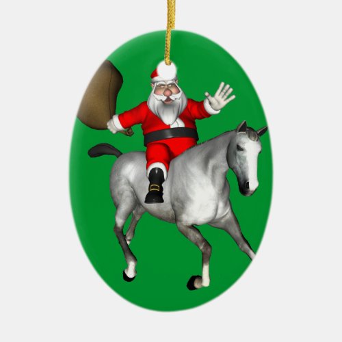 Santa Claus Riding A Gray Horse Ceramic Ornament