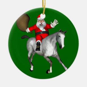 Santa Claus Riding A Gray Horse Ceramic Ornament