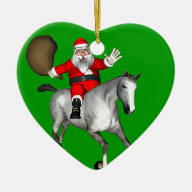 Santa Claus Riding A Grey Horse Ceramic Ornament (Front)