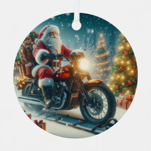 Santa Claus Riding A Honda Motorcycle Sled Metal Ornament