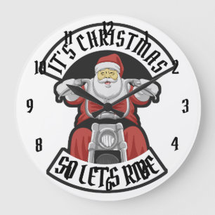 Santa Claus riding a motorcycle Large Clock