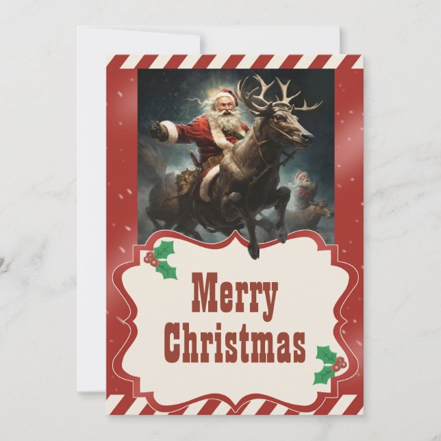 Santa Claus Riding a Reindeer Painting Holiday Card (Front)