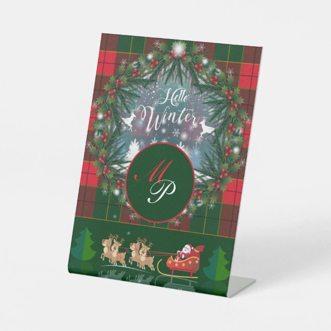 Santa Claus riding a sleigh in led by reindeers Pedestal Sign (Front)