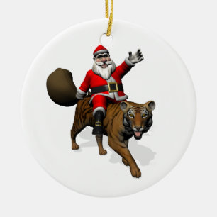 Santa Claus Riding A Tiger Ceramic Ornament