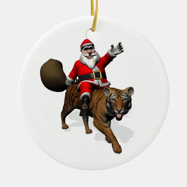 Santa Claus Riding A Tiger Ceramic Ornament (Front)