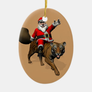 Santa Claus Riding A Tiger Ceramic Ornament