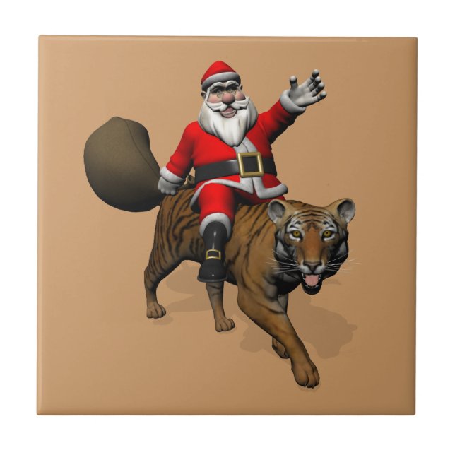 Santa Claus Riding A Tiger Ceramic Tile (Front)