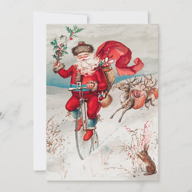 Santa Claus Riding Bicycle, Reindeer and Rabbit Holiday Card (Front)