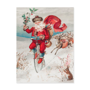 Santa Claus Riding Bicycle, Reindeer and Rabbit Holiday Postcard
