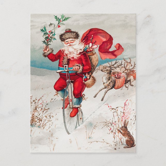 Santa Claus Riding Bicycle, Reindeer and Rabbit Holiday Postcard (Front)
