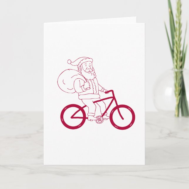 Santa Claus Riding Bicycle Side Cartoon Holiday Card (Front)