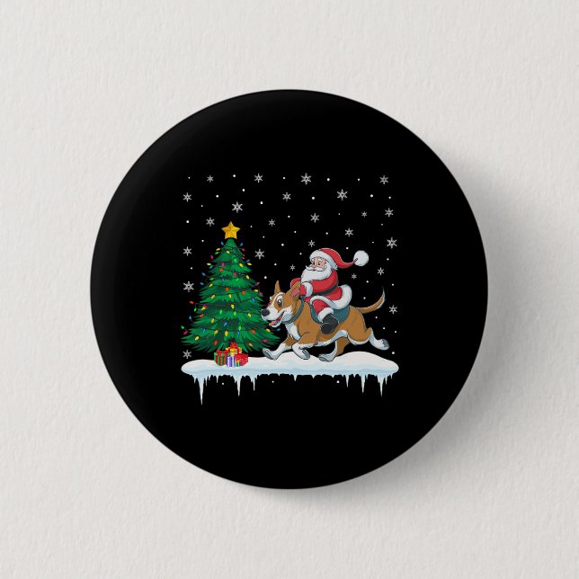 Santa Claus Riding Cattle Dog Boys Girls Kids Chri Button (Front)