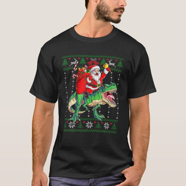 Santa Claus Riding Dinosaur Rex Christmas T-Shirt (Front)