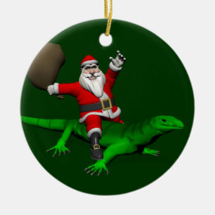 Santa Claus Riding Green Lizard Ceramic Ornament