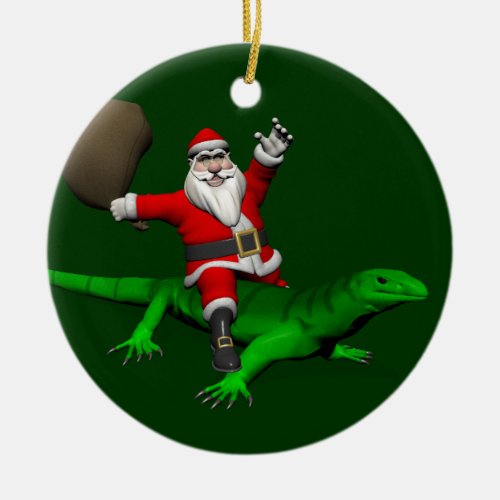 Santa Claus Riding Green Lizard Ceramic Ornament