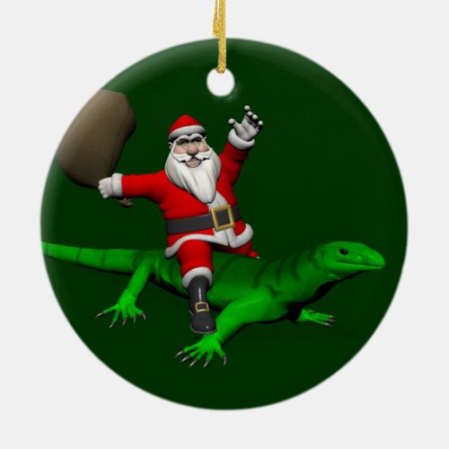 Santa Claus Riding Green Lizard Ceramic Ornament