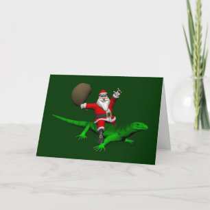Santa Claus Riding Green Lizard Holiday Card