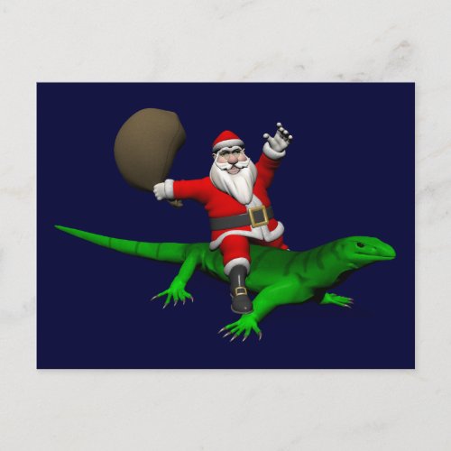 Santa Claus Riding Green Lizard Holiday Postcard
